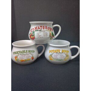 Vintage 3 pc set of Soup Recipe Ceramic  Handled Mugs. "Vegetable" "Tomato" "Pot